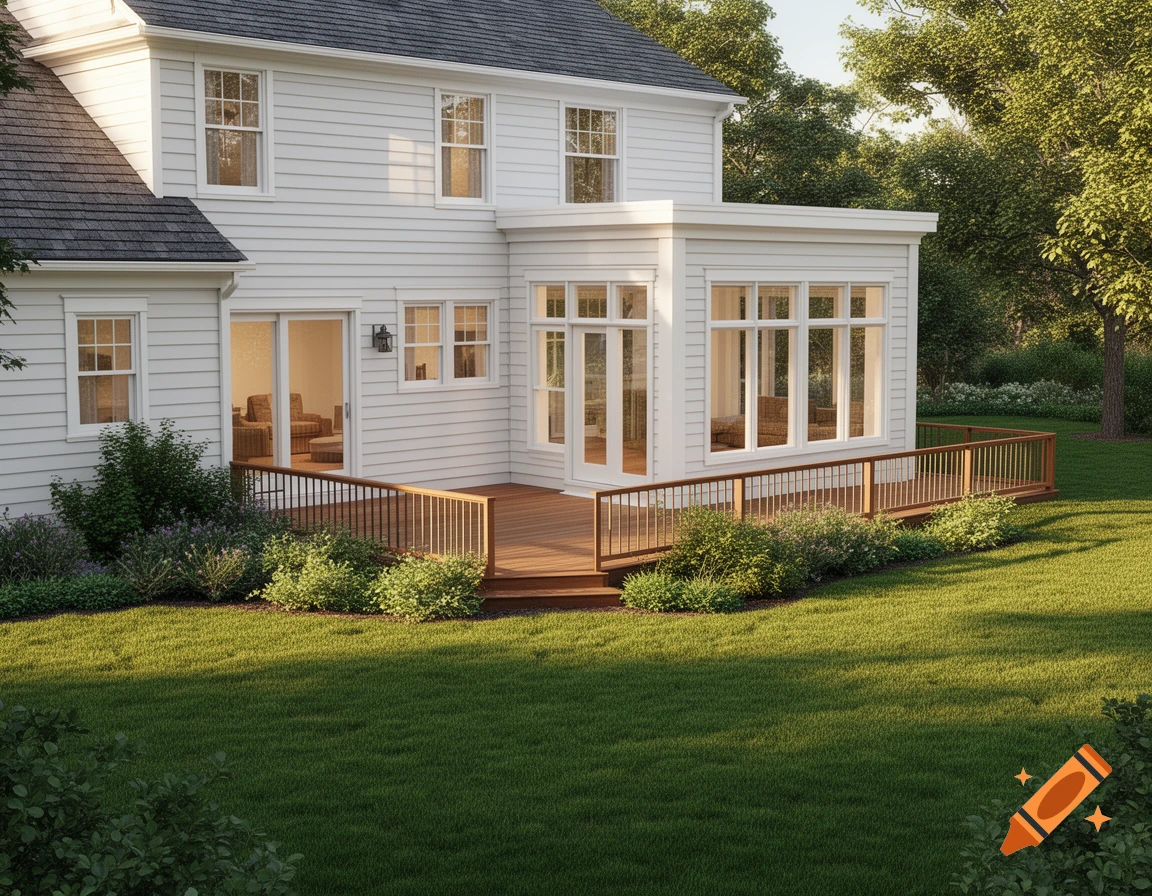 Photorealistic image of the back of a white two-story house with a wooden deck and sunroom, surrounded by green lawn and trees.
