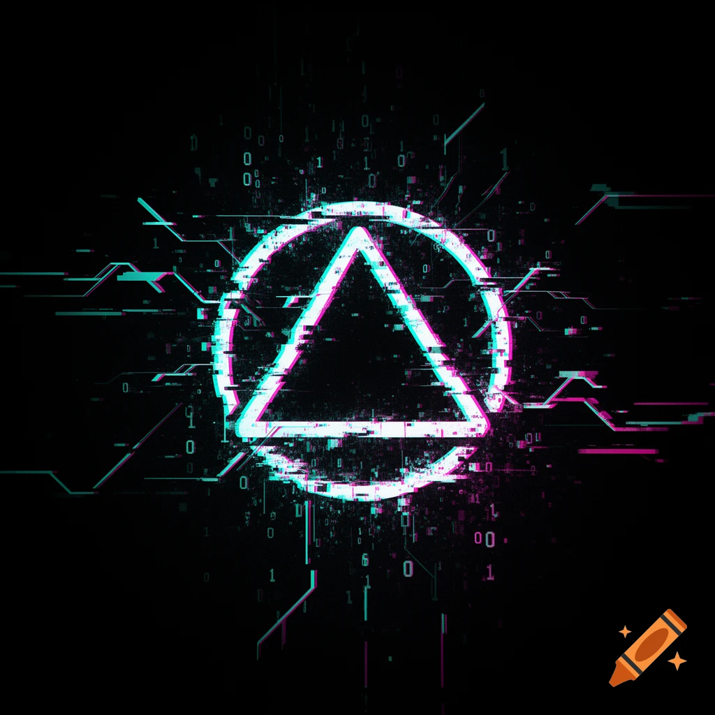 Glowing, glitched triangle in a circle with cyan/magenta effects, binary code, and circuit lines on a black background, cybernetic style.