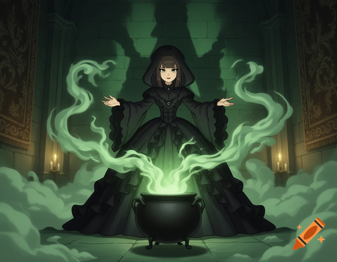 Anime-style witch in a black Victorian dress conjuring green smoke from a cauldron in a dark castle room.