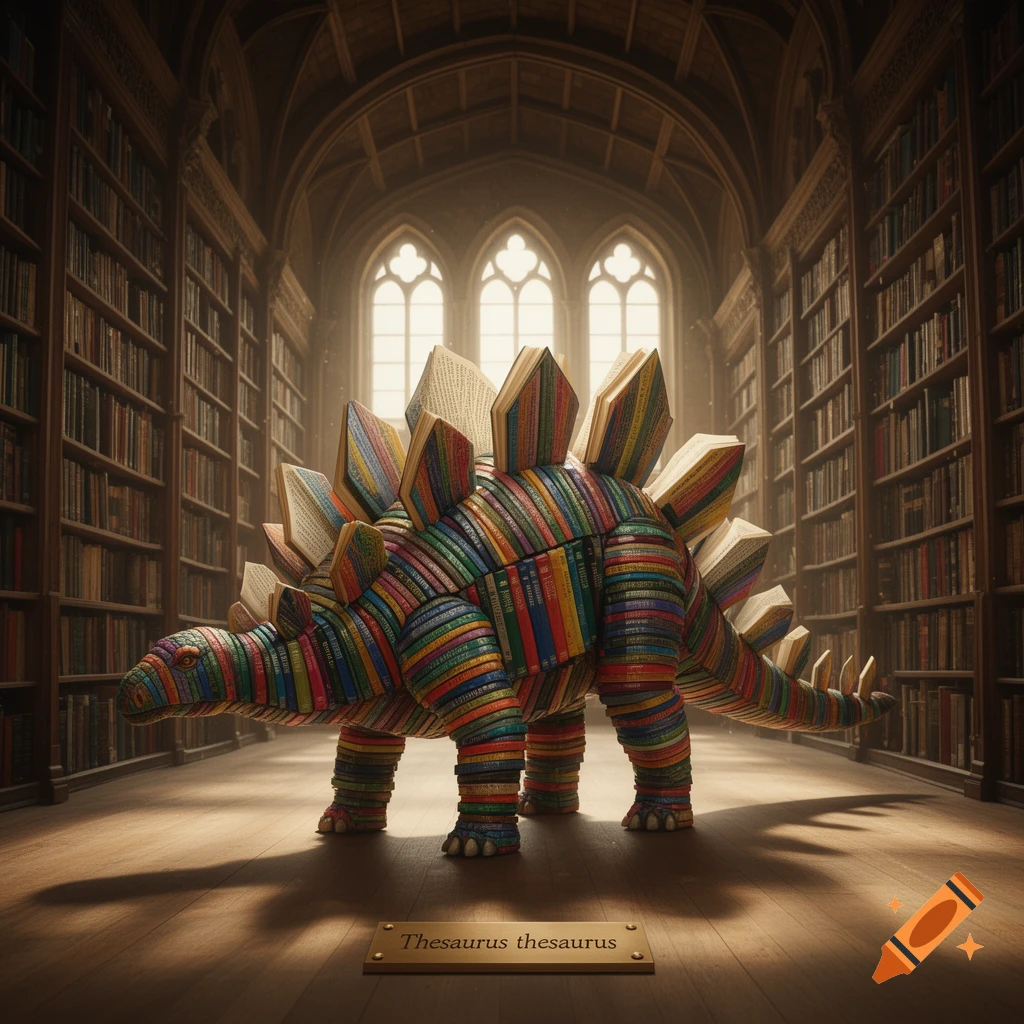 A stegosaurus made of colorful books stands in a grand library, with a plaque on the floor reading 'Thesaurus thesaurus'.