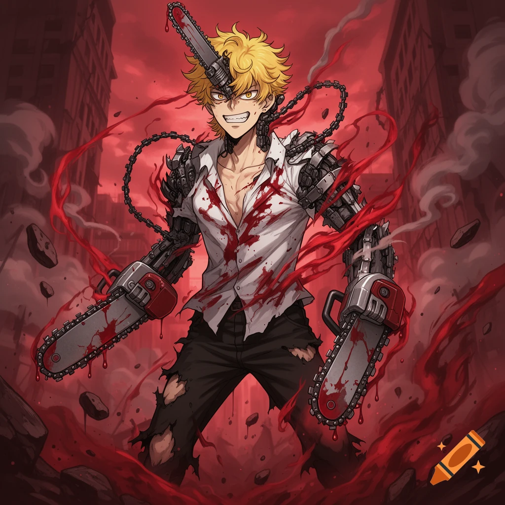 Anime Chainsaw Man (Denji) covered in blood with chainsaws on his head and arms, set against a ruined, red-toned city.
