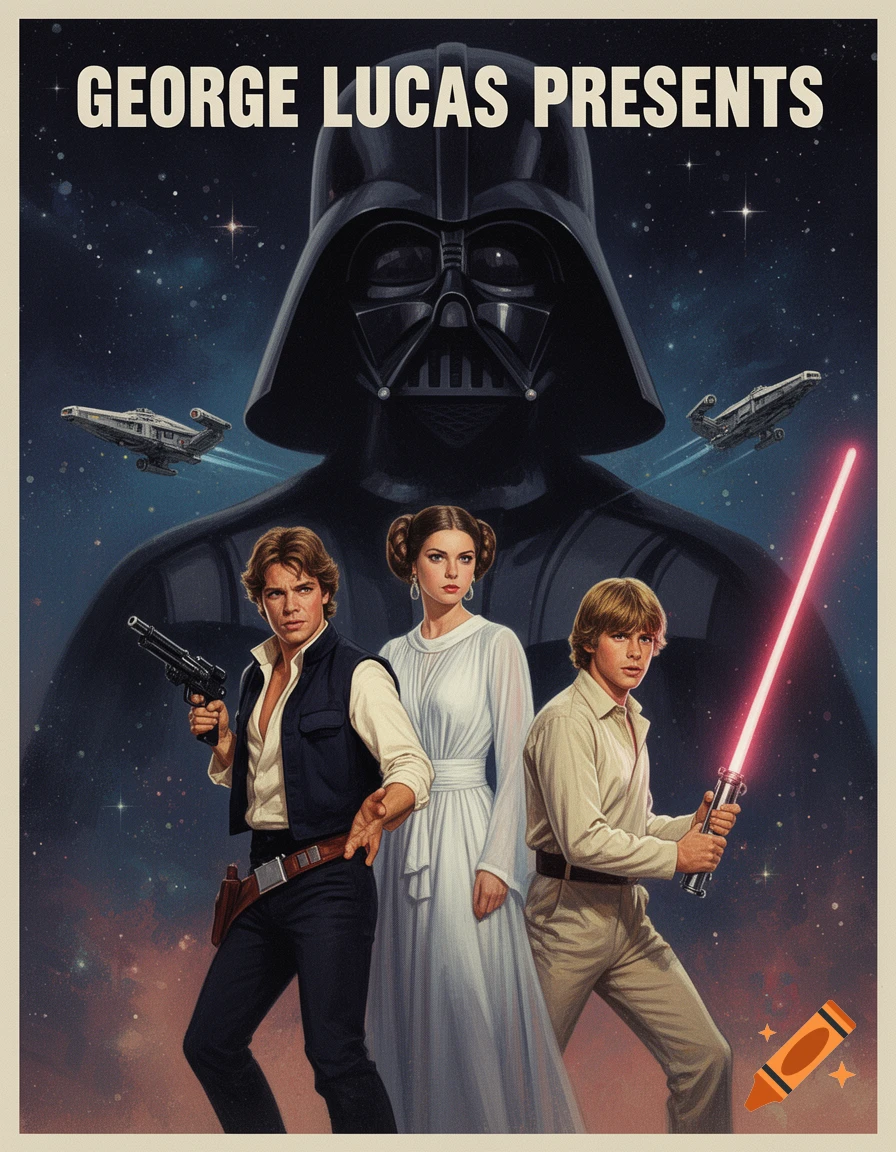 A retro Star Wars movie poster with Darth Vader looming behind Han Solo, Princess Leia, and Luke Skywalker with a lightsaber, against a starry space background.