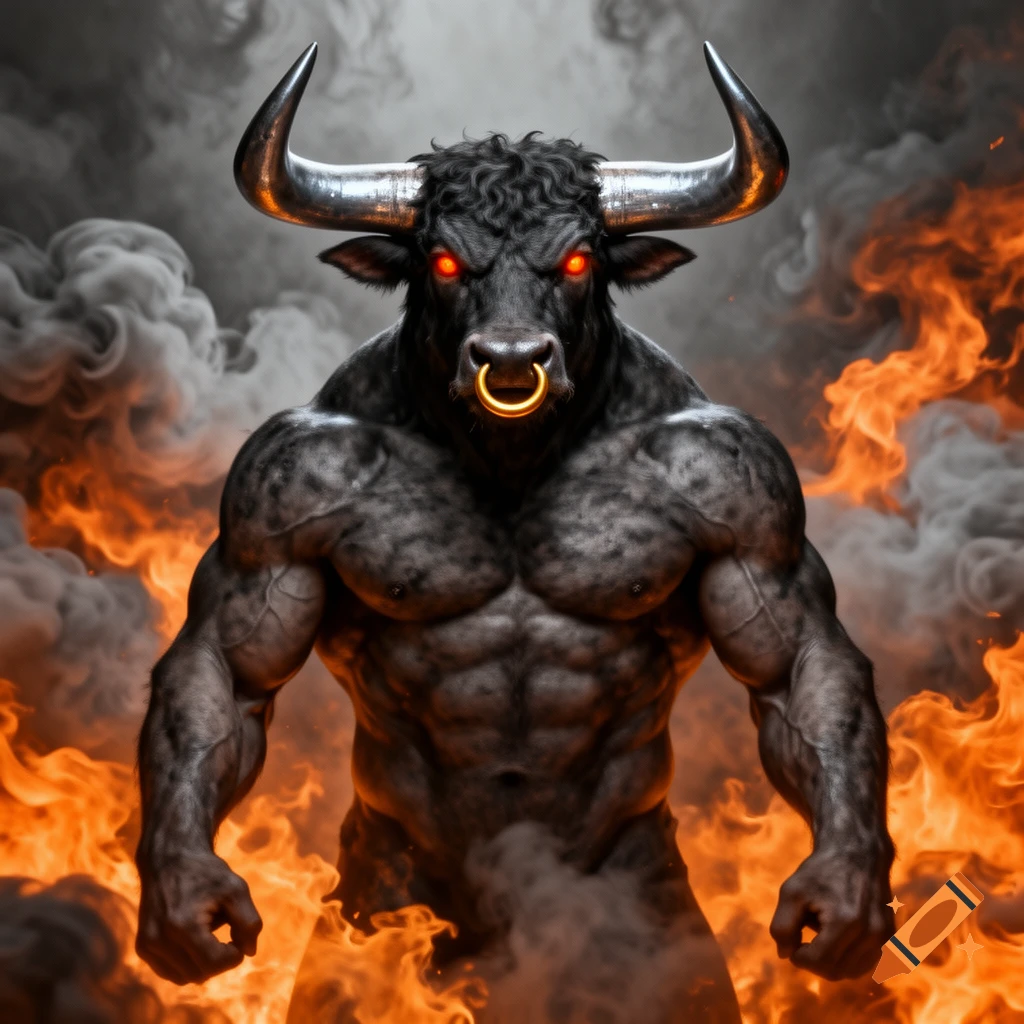 Muscular dark gray Minotaur with glowing red eyes, golden nose ring ...