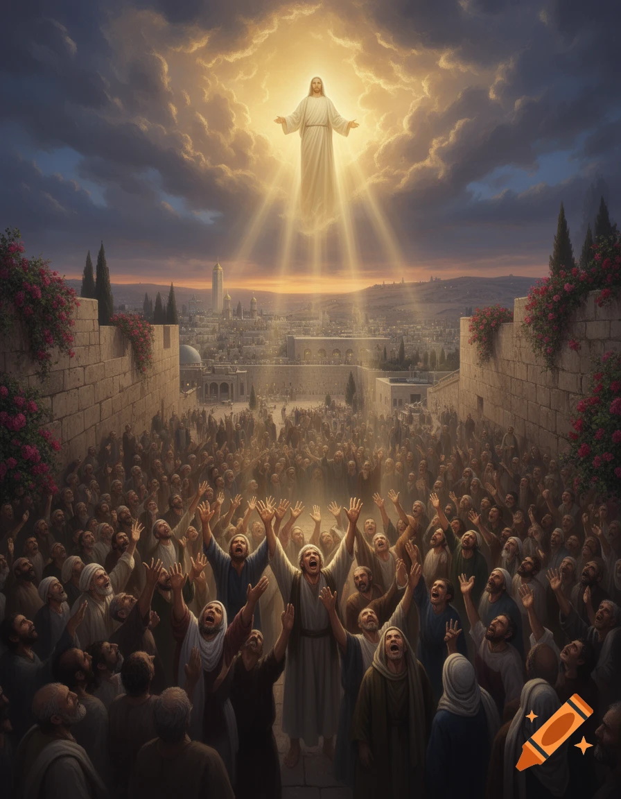 Jesus ascends into a glowing sky above a vast crowd with outstretched arms in an ancient city.