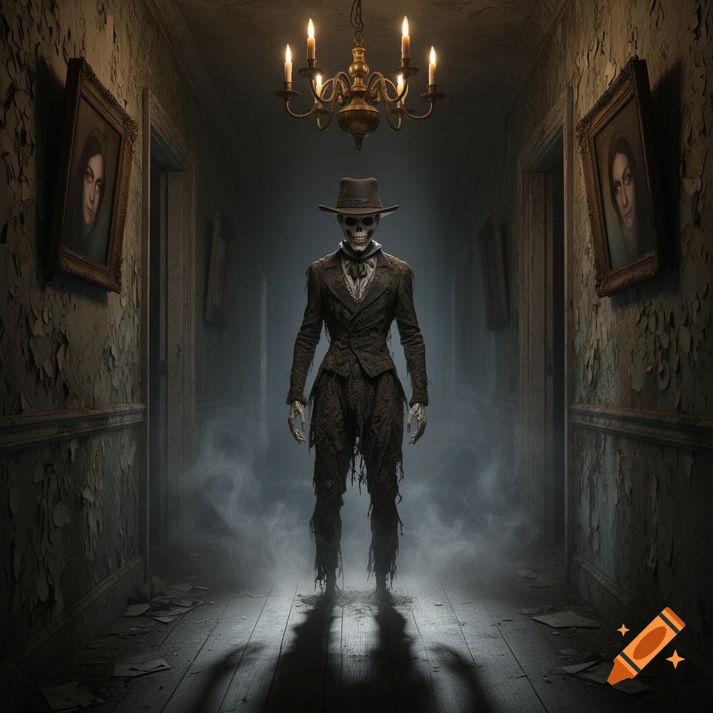 Skeletal figure in a suit and hat in a dark, decrepit hallway with a chandelier and faded portraits, horror art style.