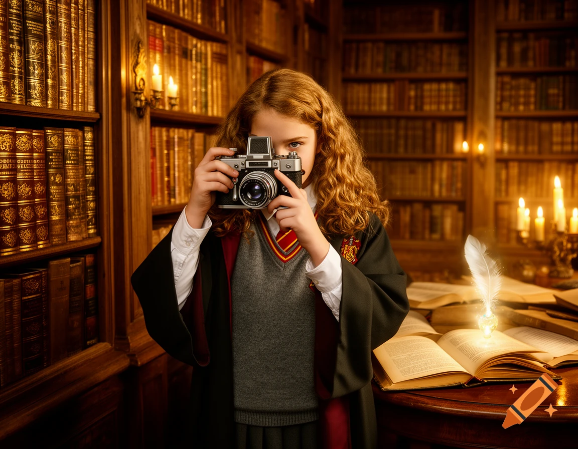 Young girl in Hogwarts robe taking a photo with a vintage camera in a magical, dimly lit library with glowing books.