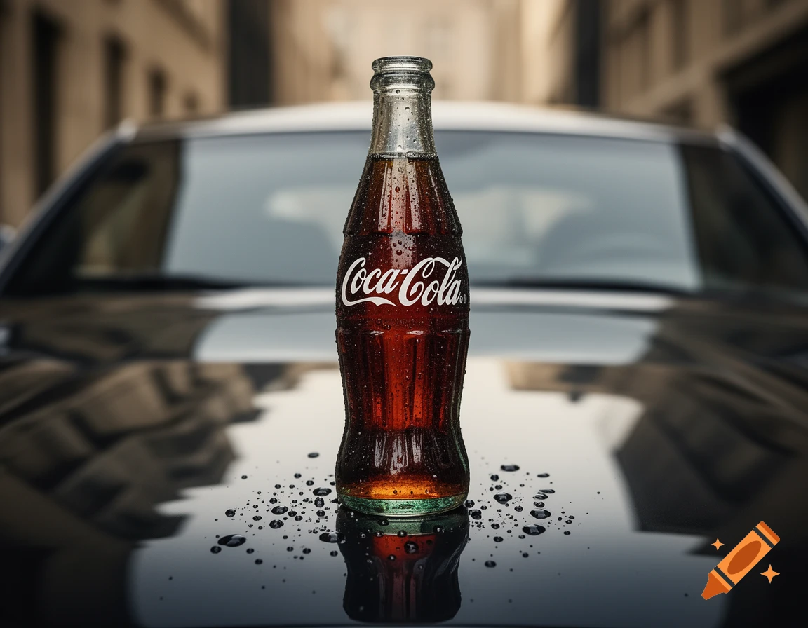 Classic wet Coca-Cola bottle with a clear logo on a shiny black luxury car hood, blurred urban background, photorealistic.