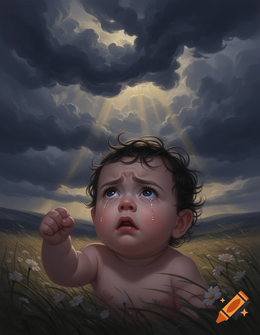 A painting of a crying baby in a grassy field, looking up with a clenched fist under a dramatic, stormy sky with sun rays.