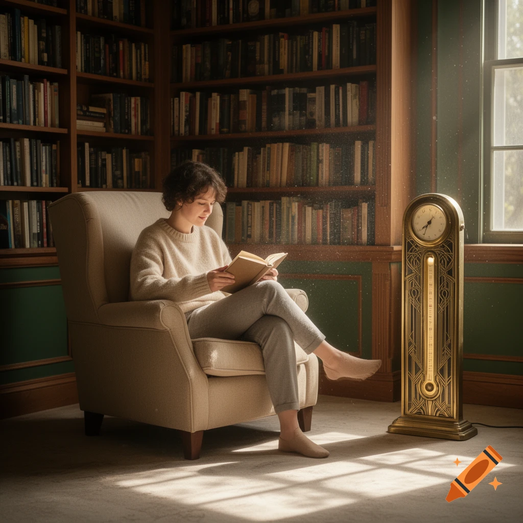 A person sits in a cozy armchair reading a book in a sunlit library with tall bookshelves and a decorative clock.