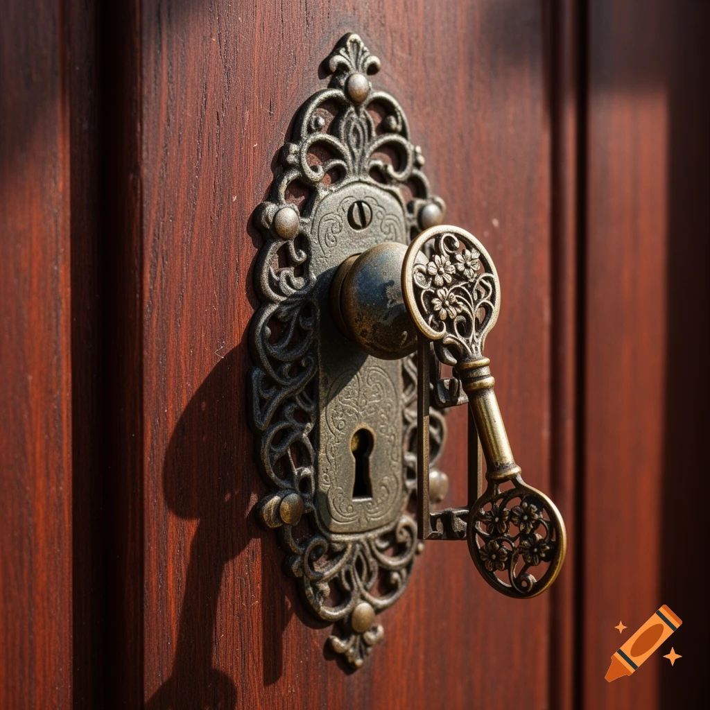 Ornate antique brass door handle and decorative skeleton key on a rich wooden door, photorealistic.