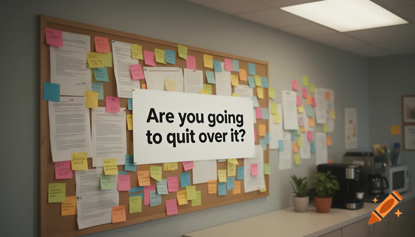 A bulletin board covered with numerous sticky notes and papers, featuring a large white sign with "Are you going to quit over it?" in an office setting.