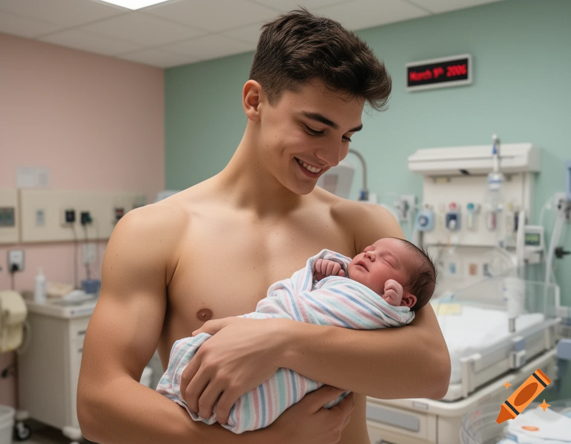 A young, shirtless man smiles while tenderly holding a swaddled newborn baby in a well-lit hospital room.