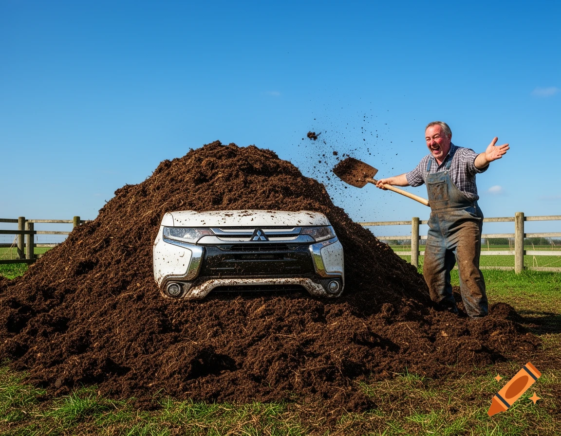 A laughing farmer shovels dirt onto a white Mitsubishi SUV partially buried in a huge pile of brown soil in a sunny field.