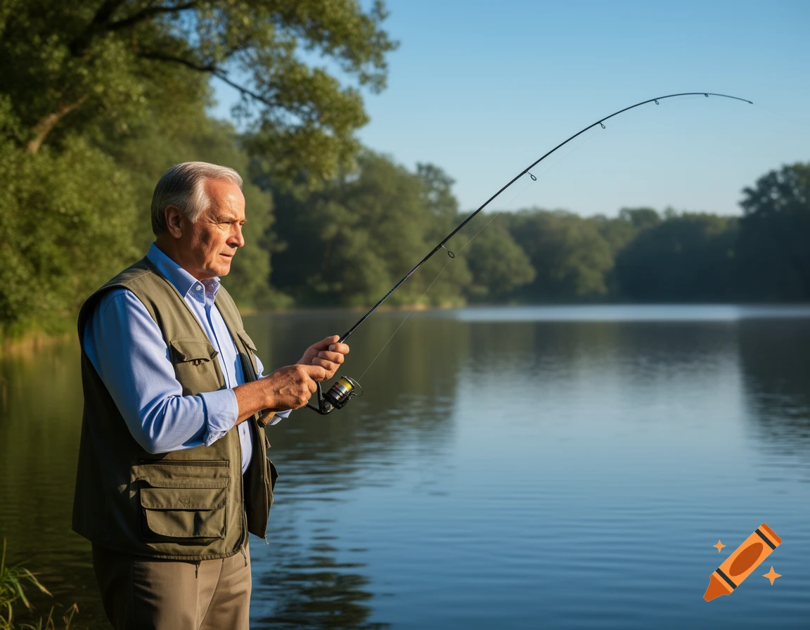 An older man with gray hair, wearing a fishing vest, holds a rod while fishing by a calm lake surrounded by trees.