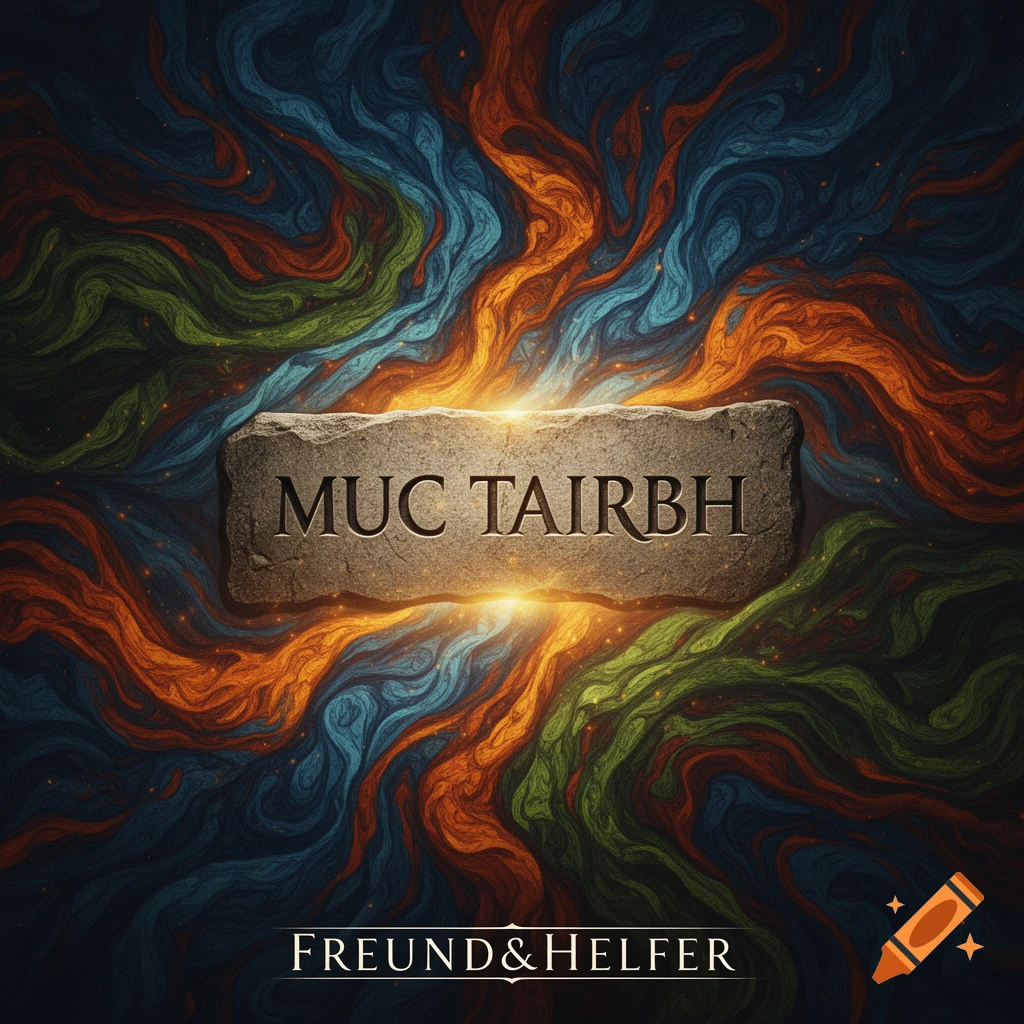 A textured stone slab with "MUC TAIRBH" illuminated in the center, set against a swirling abstract background of orange, blue, and green. "FREUND&HELFER" is at the bottom.