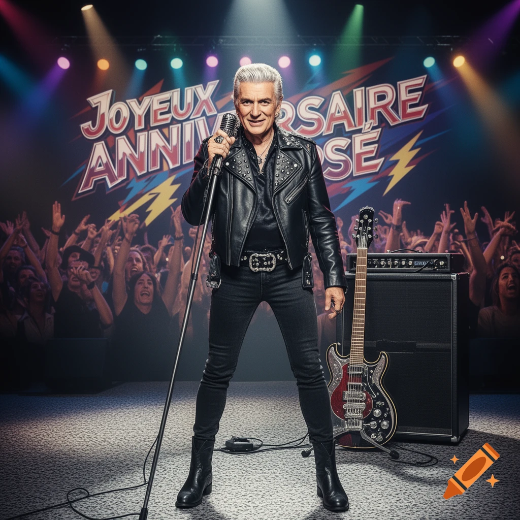 A senior man in a leather jacket sings on a stage with a guitar and amp, a cheering crowd, and a "Joyeux Anniversaire" backdrop.