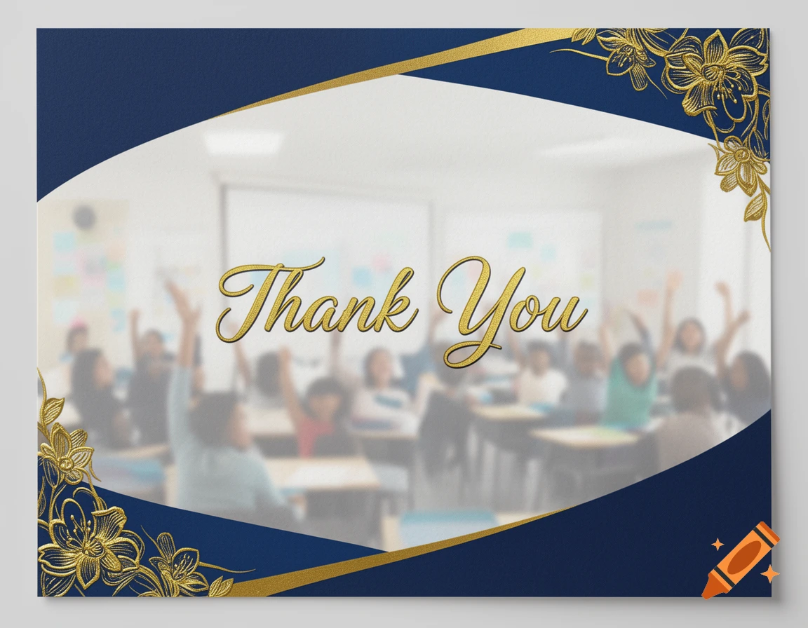 A thank you card with a blue border, gold floral designs, and 'Thank You' in gold script over a blurred classroom scene.