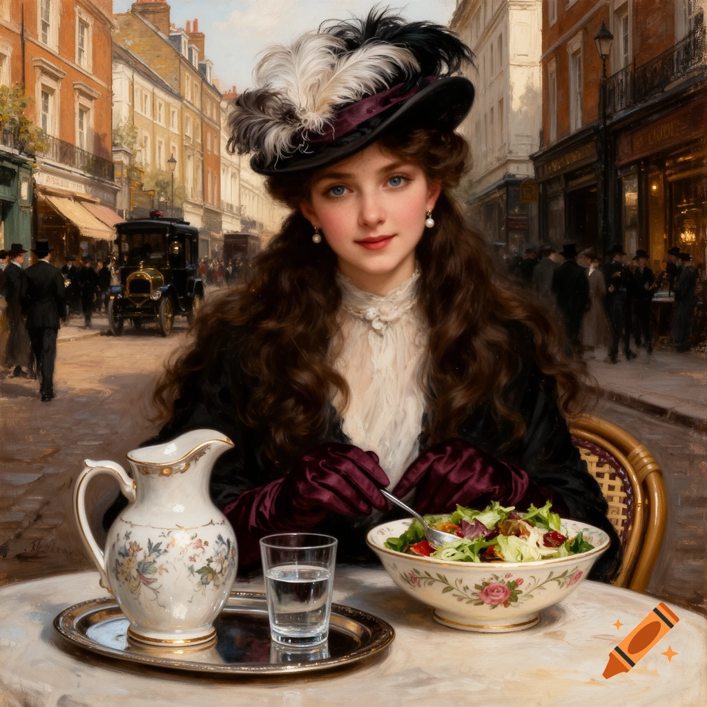 An oil painting of a woman in a feathered hat and gloves eating salad at a cafe on a bustling 1860s London street.