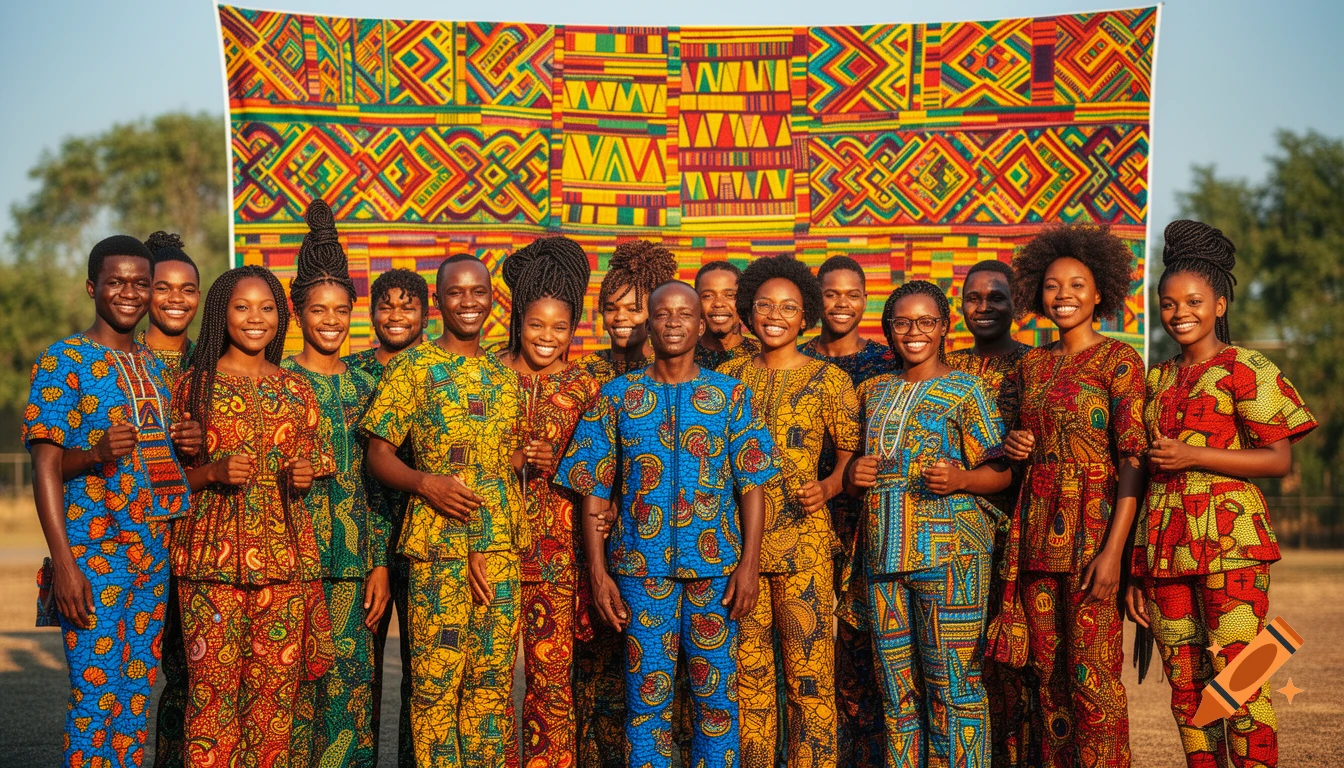 A group of smiling people in vibrant African print outfits stand in front of a colorful patterned banner.