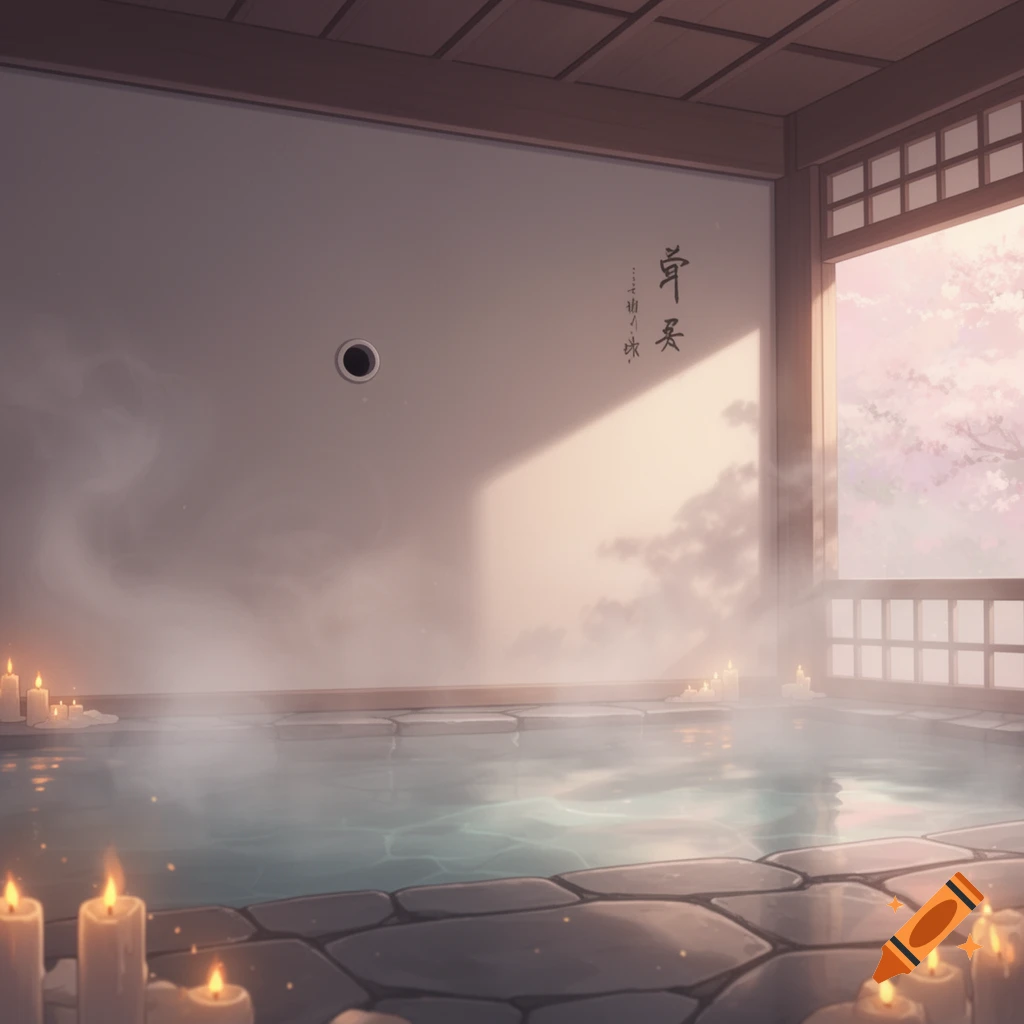 Anime illustration of a steaming onsen with candles and a window overlooking cherry blossoms.