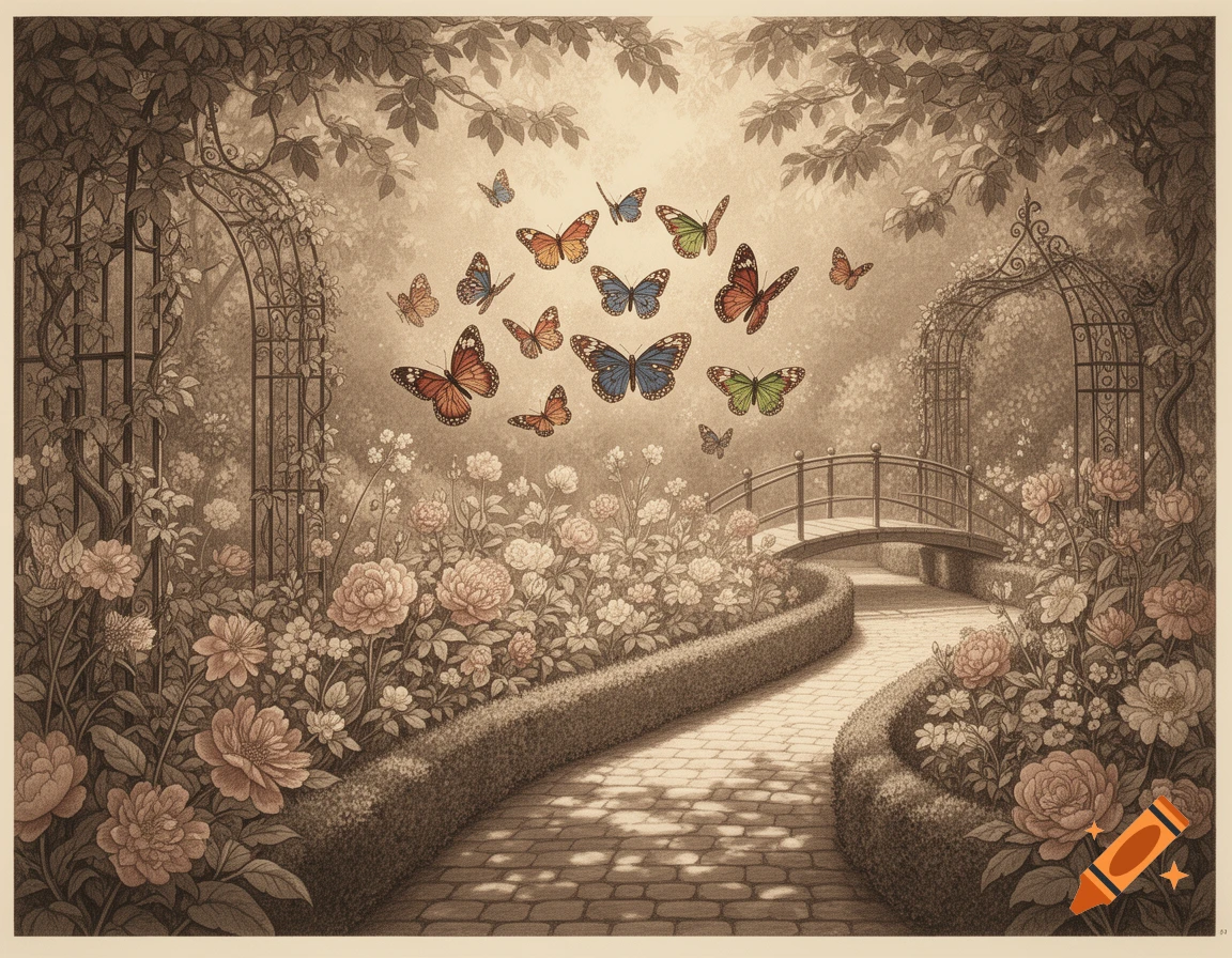 Vintage sepia illustration of a winding garden path through blooming flowers and hedges, with colorful butterflies fluttering.