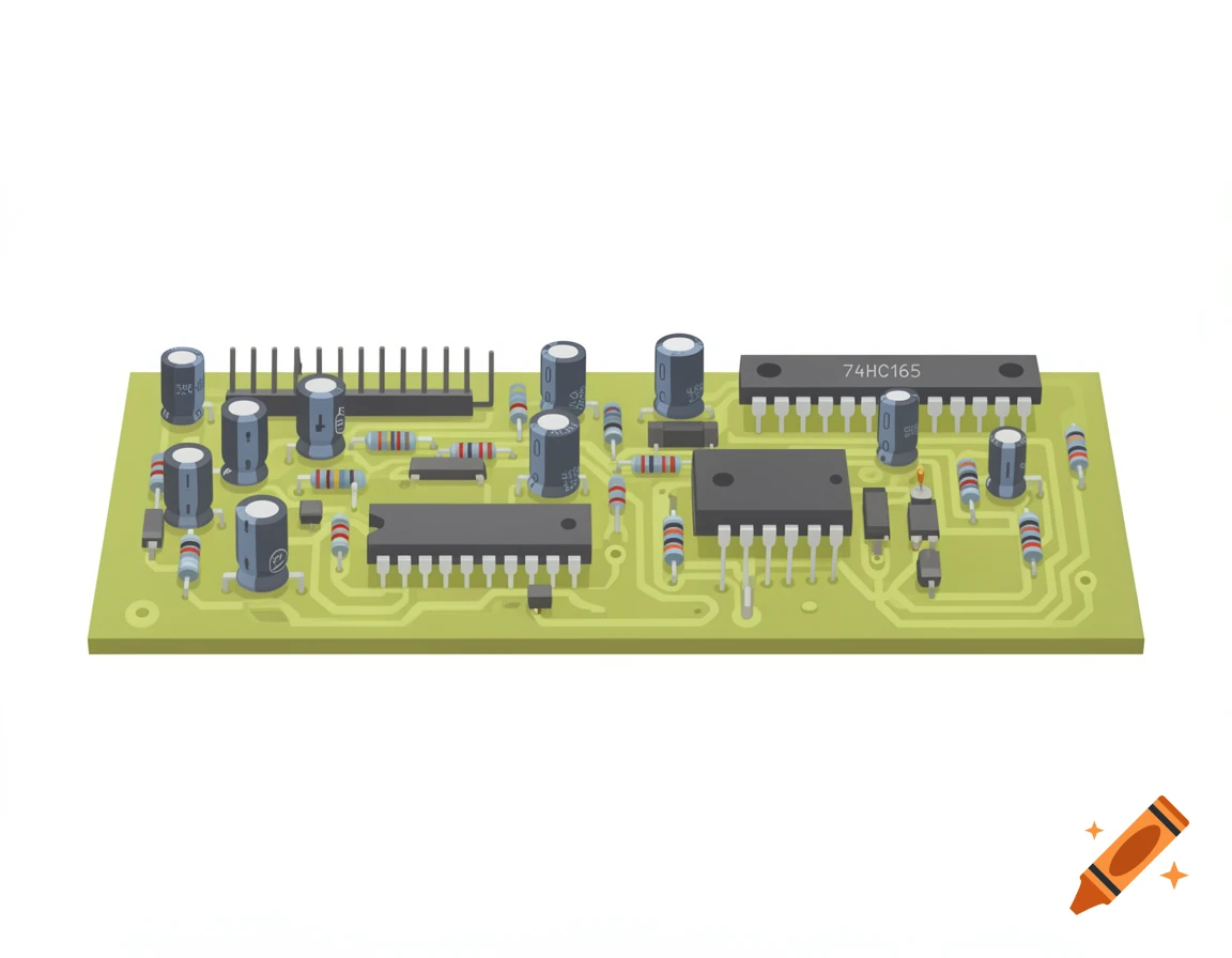 A flat 2D drawing of a green circuit board populated with various electronic components like chips labeled 74HC165, resistors, and capacitors on a white background.