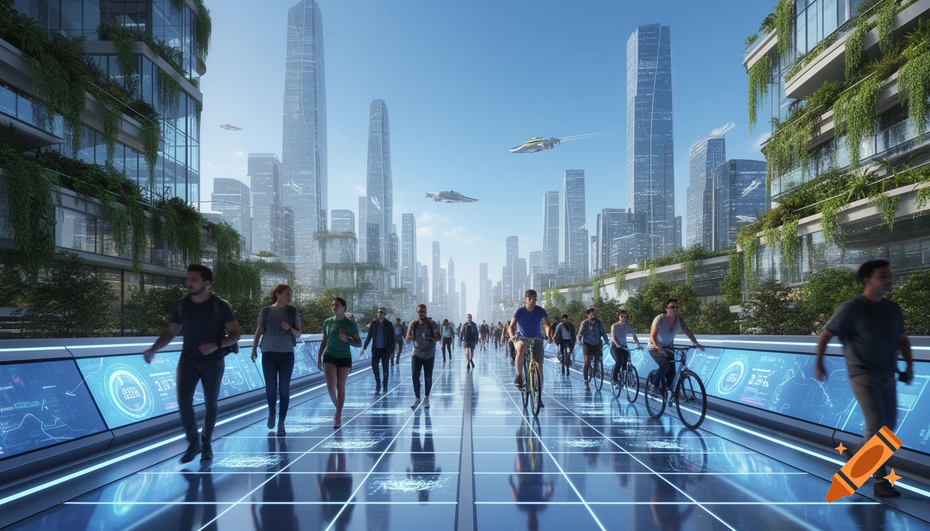 A bustling futuristic city street with people walking and cycling on a glowing blue pavement, surrounded by green high-rise buildings and flying vehicles in the sky. Photorealistic style.