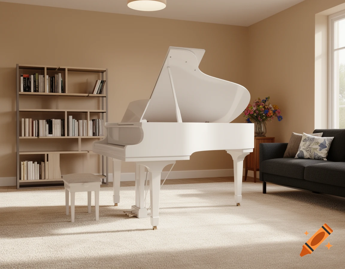 A white grand piano in a modern living room with a bookshelf, dark gray sofa, and a window, on light carpet.