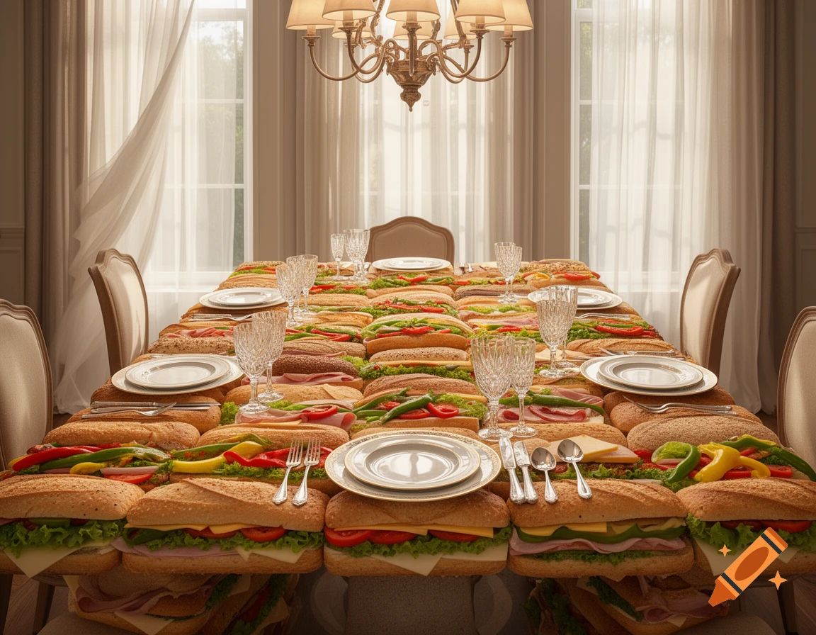 A formal dining table made entirely of large sandwiches, set with plates and cutlery, in a room with sheer curtains.