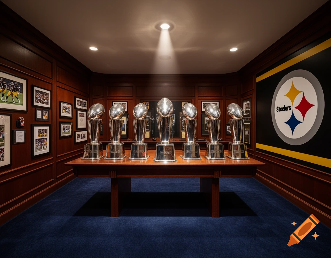 A Pittsburgh Steelers trophy room with six Vince Lombardi trophies on a table, surrounded by framed photos and the Steelers logo.