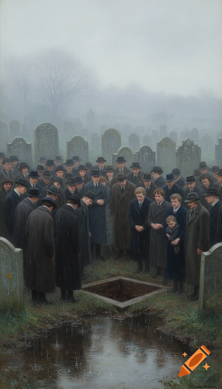 A painting depicts a solemn crowd of people in dark coats gathered around an open grave in a foggy, rainy graveyard.