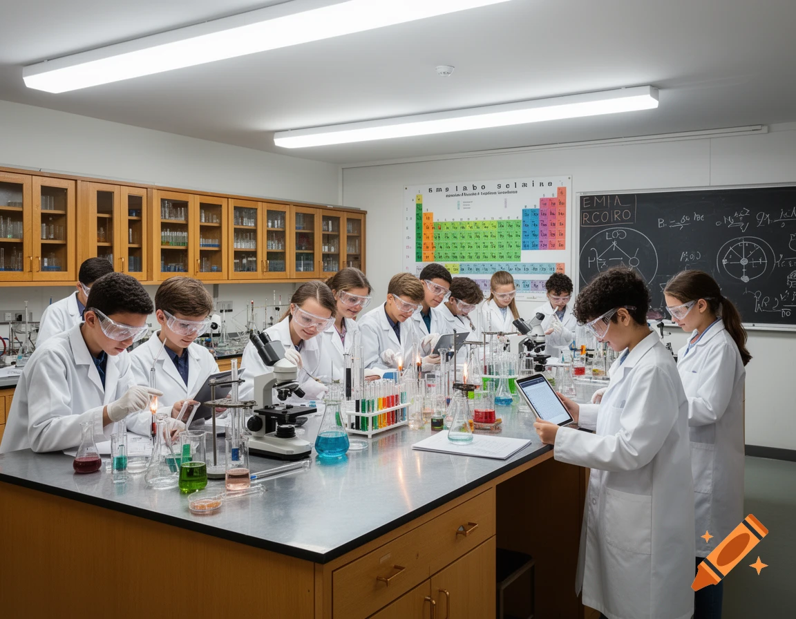 A group of students in lab coats and safety goggles conducting experiments in a chemistry classroom, surrounded by beakers, test tubes, and microscopes.