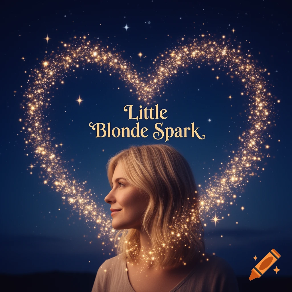 A blonde woman in profile gazes left under a starry night sky, with glowing golden sparks forming a heart behind her. Text reads 'Little Blonde Spark'.