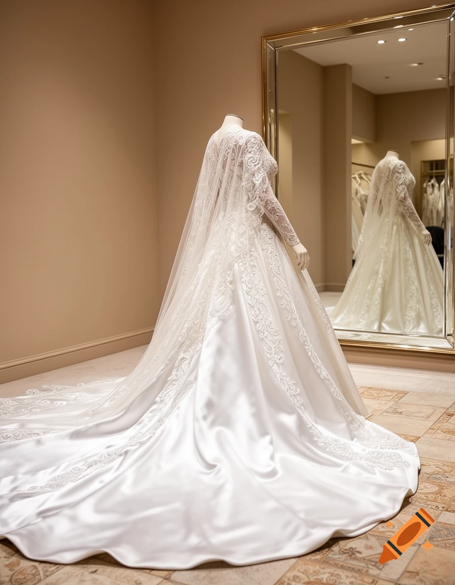 Photorealistic image of a white bridal gown with a long train and lace cape on a mannequin, reflected in a mirror.