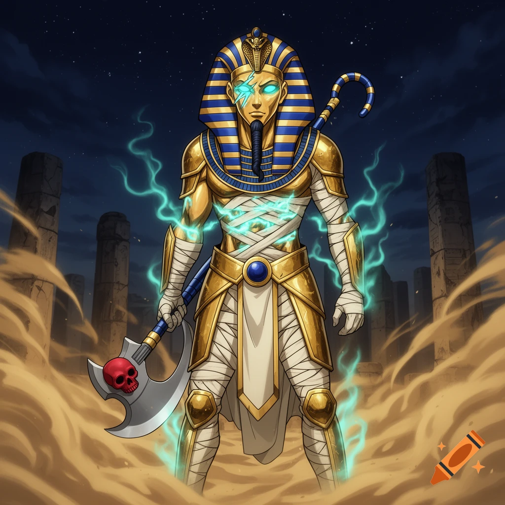 A gold and blue armored pharaoh mummy with glowing turquoise eyes and an axe, emanating green energy in a desert with ancient ruins at night, anime style.