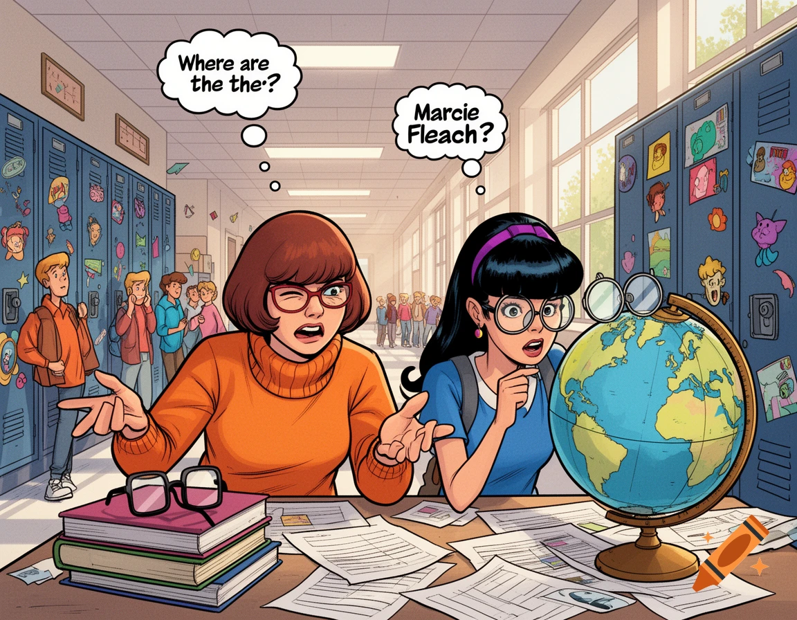 Comic style illustration of Velma Dinkley and Marcie Fleach in a school hallway, looking puzzled at a globe on a desk covered with papers. Velma is missing her glasses, while Marcie wears hers.