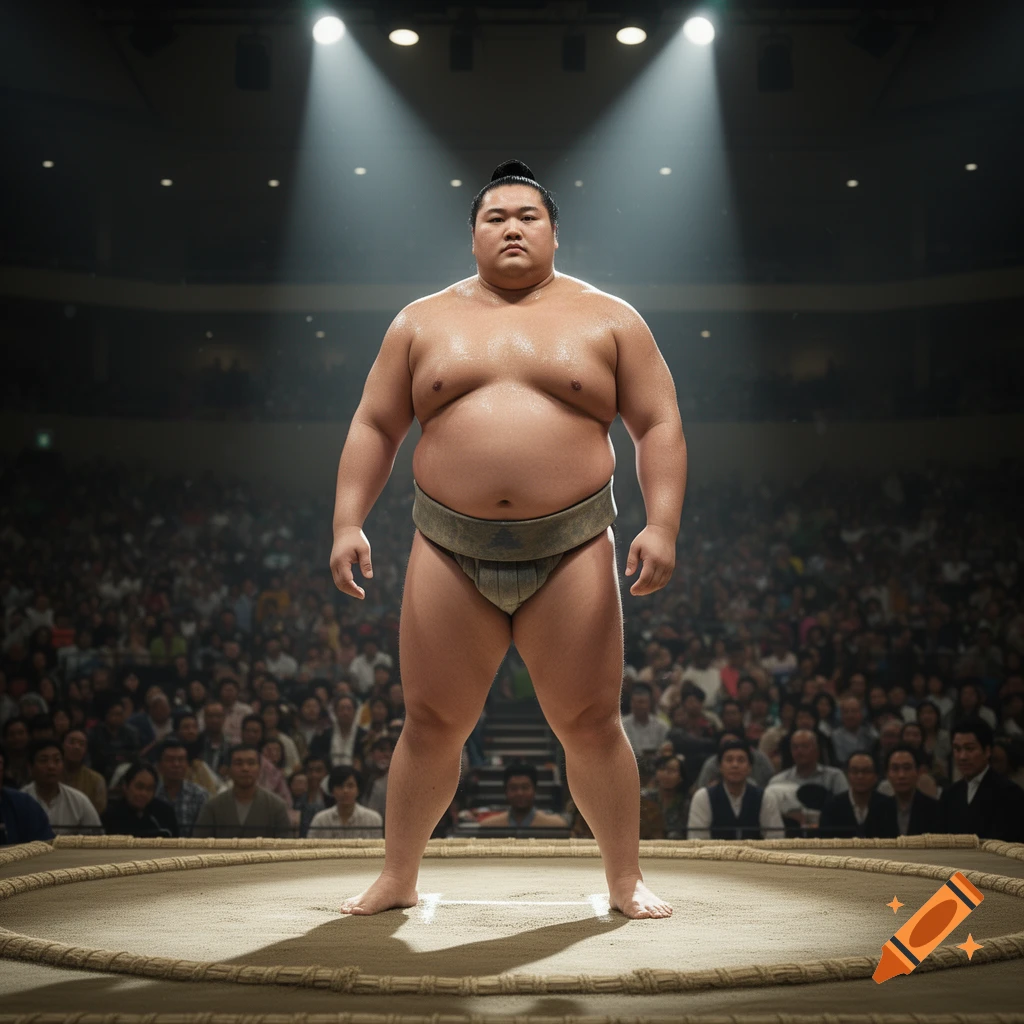 A muscular sumo wrestler stands centered in a spotlight on a dirt ring, surrounded by a large stadium audience.