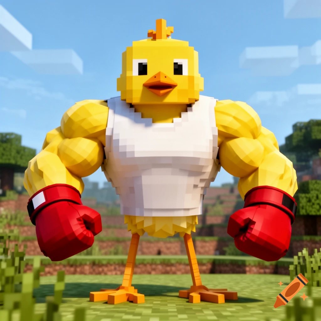 A muscular, blocky yellow chick with a tiny head wears a white tank top and red boxing gloves in a Minecraft landscape.