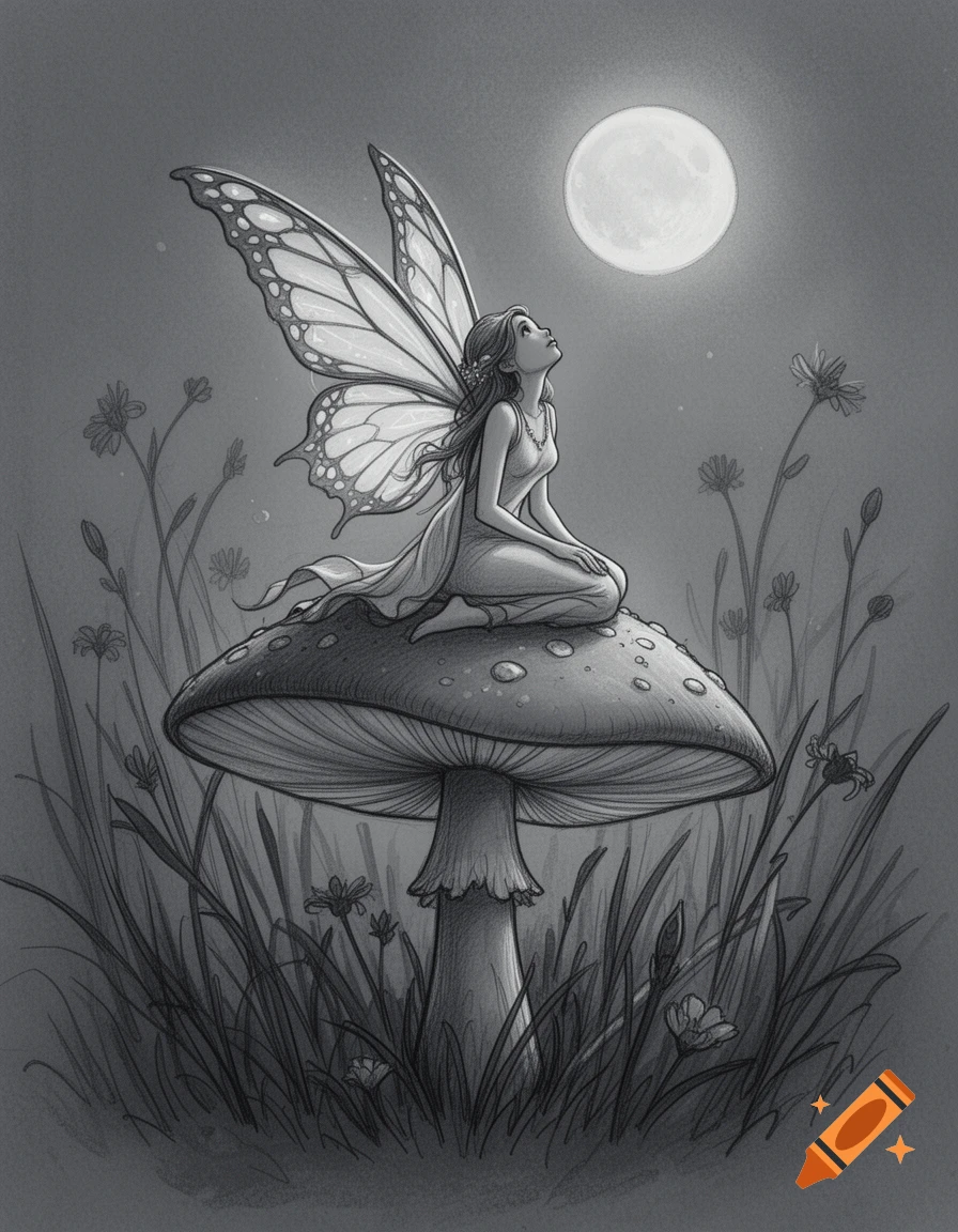 A detailed grayscale sketch of a fairy with large wings sitting on a large toadstool, looking up at a full moon in a field of wildflowers.