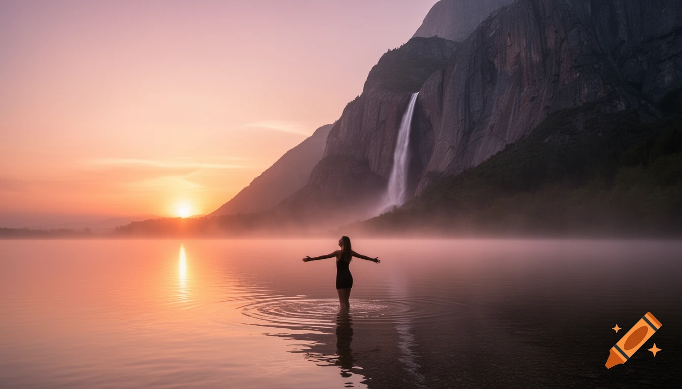 A silhouetted woman stands in a misty lake with arms outstretched at sunrise, a large mountain and waterfall behind her.