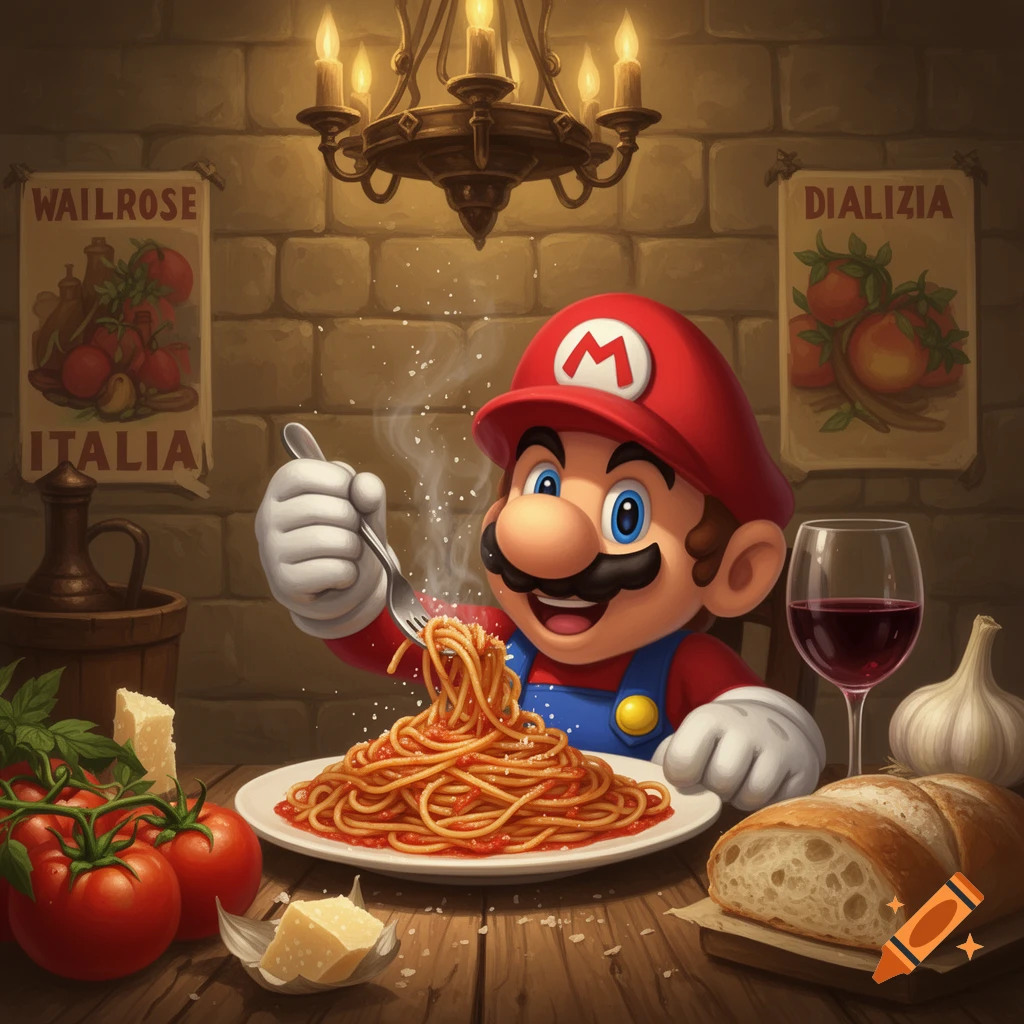Mario in a red cap and blue overalls, happily eating a plate of spaghetti with a fork in a rustic setting, surrounded by tomatoes, cheese, bread, and wine.