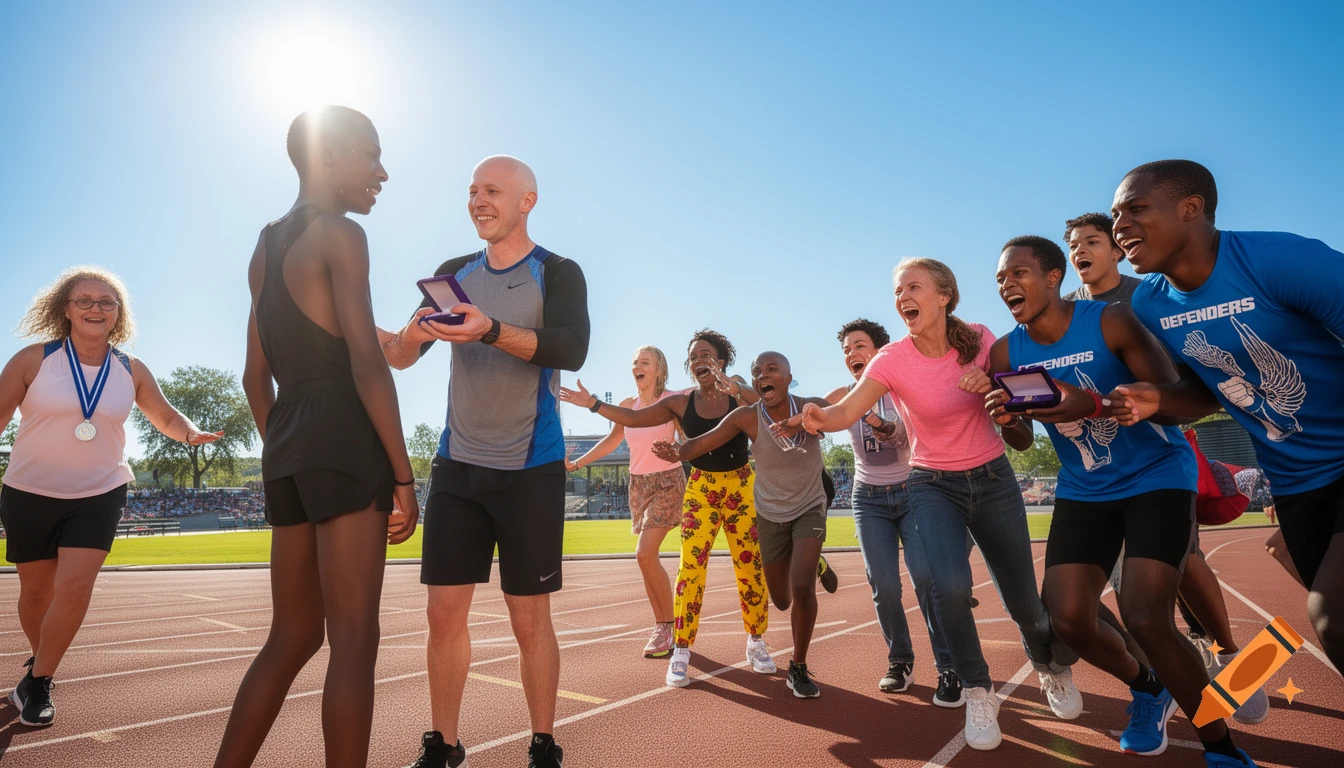 A diverse group of people in sportswear celebrates on a sunny running track, cheering as a coach awards a medal to a runner.