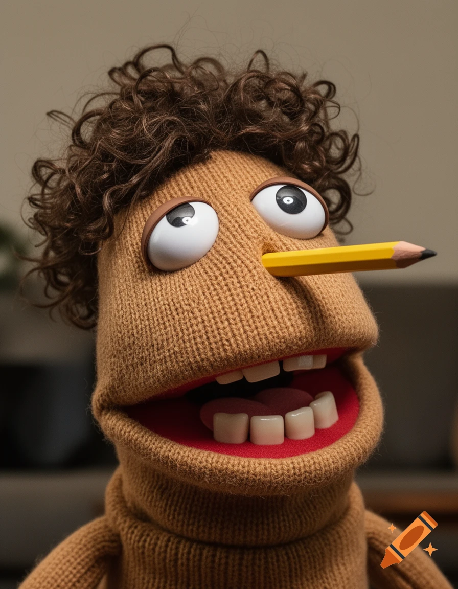 A brown knit puppet with curly hair and googly eyes has a yellow pencil in its nose and a wide open mouth.