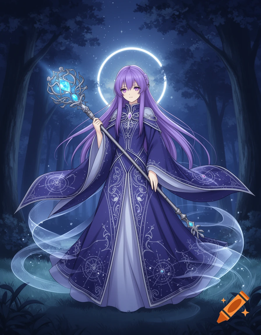 Anime girl with long purple hair, a dark blue magician's robe with celestial patterns, holding a glowing staff, in a mystical forest at night.