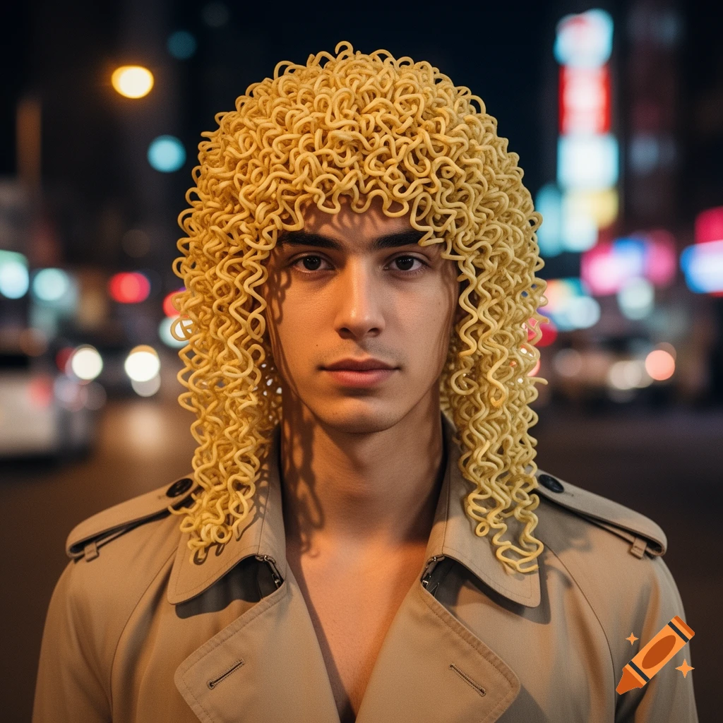 A man with instant ramen noodles for hair wears a trench coat at night on a city street.