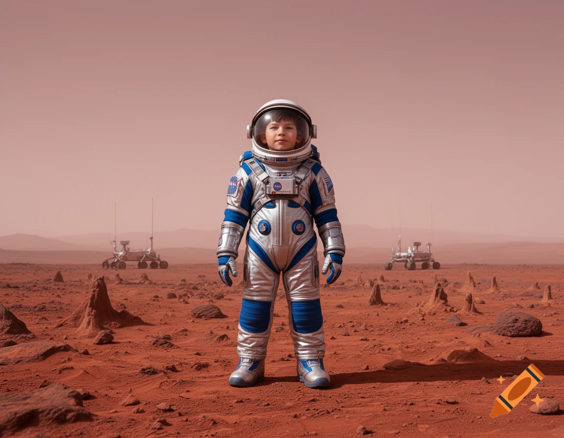 A young child in a silver and blue astronaut suit stands on the reddish-brown surface of Mars, with two rovers in the background under a pale pink sky.
