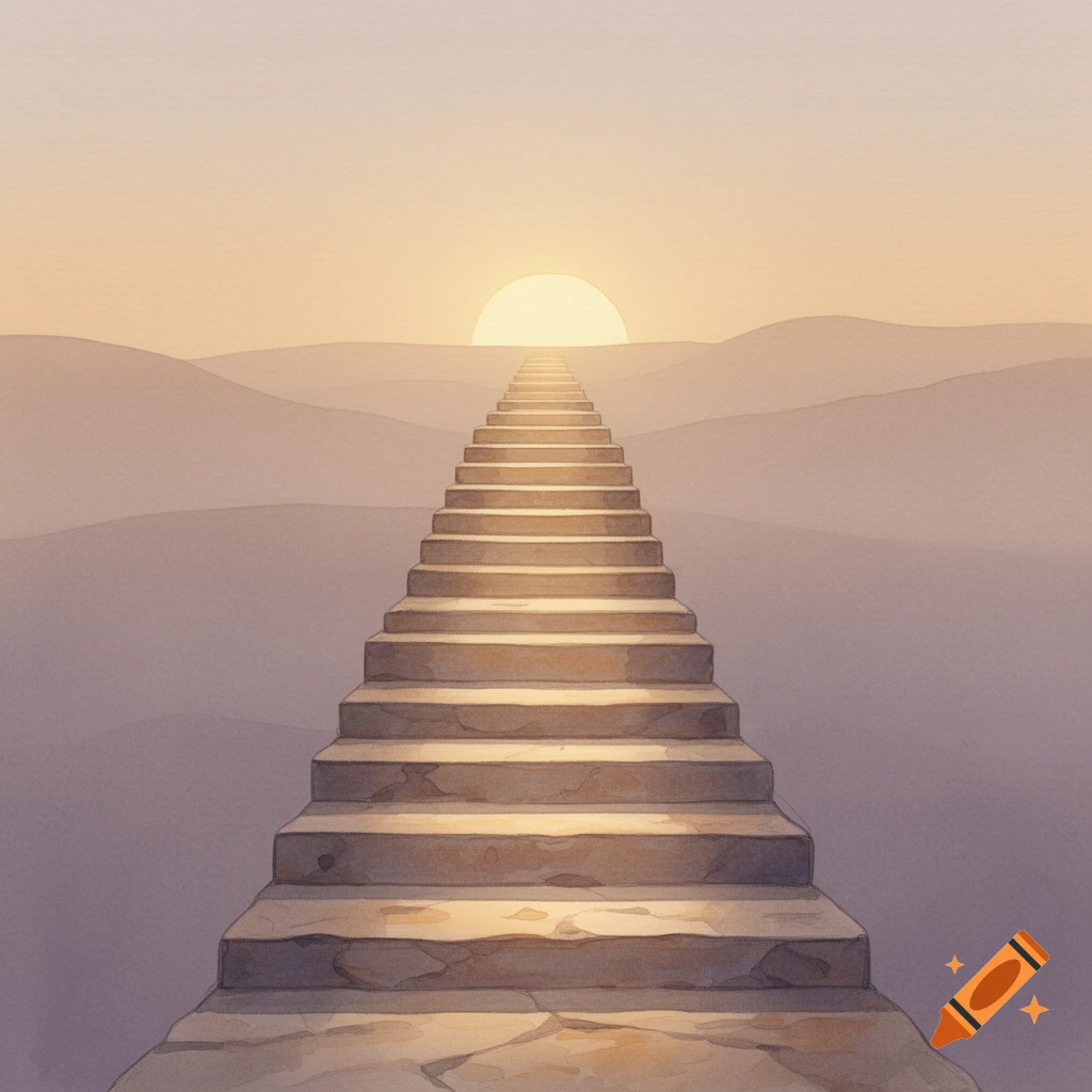 A long stone staircase ascends towards a bright sunset over rolling hills in a watercolor style.
