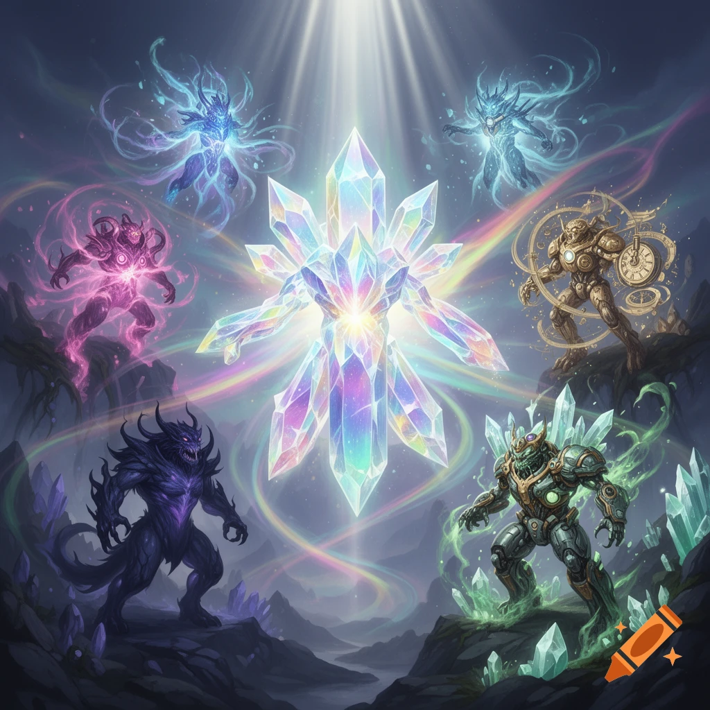A vibrant artwork of a luminous crystal monster surrounded by four stylized elemental and mechanical monsters, under beams of light.
