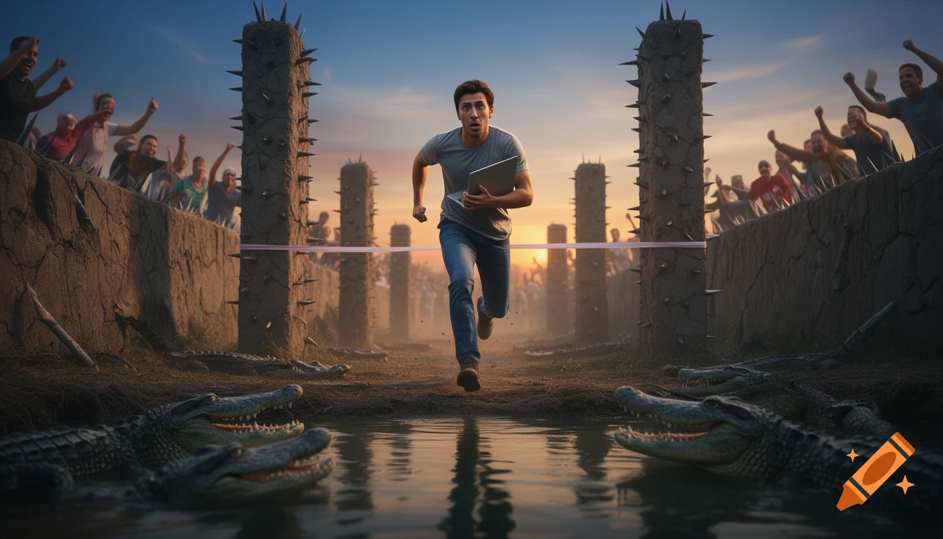 A nervous software developer runs with a laptop in an obstacle race through a moat of alligators, past spiked pillars and cheering crowds at sunset.