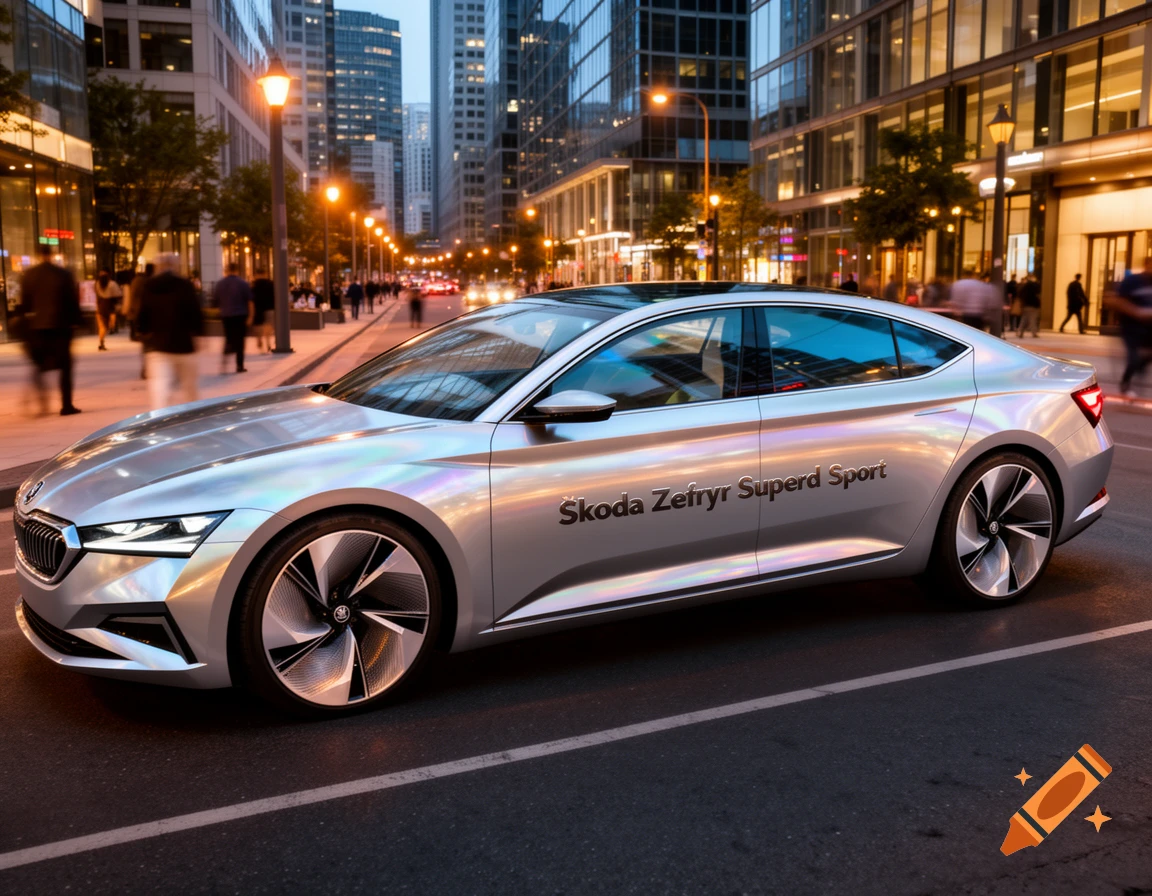 A silver Skoda Zephyr Superd Sport sedan on a city street at dusk. Blurred pedestrians and modern buildings line the background.